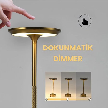 Şarjlı Metal Kasa Masa Lambası Dimmerli 3 Renk Işıklı Dekoratif Abajur Cata Toronto Dokunmatik Restoran Cafe Lambası (Gold)
