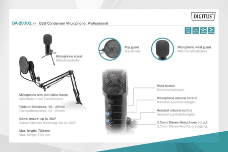 USB kondansatörlü mikrofon, profesyonel set, mikrofon kollu, pop koruması ve rüzgar koruması, siyah