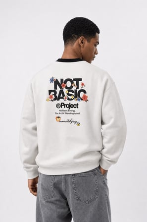 Erkek Not Basic Project Baskılı Oversize Sweatshirt Ekru