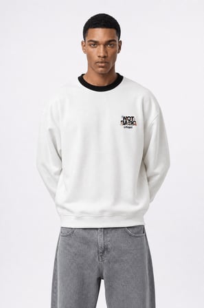 Erkek Not Basic Project Baskılı Oversize Sweatshirt Ekru
