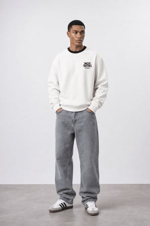 Erkek Not Basic Project Baskılı Oversize Sweatshirt Ekru