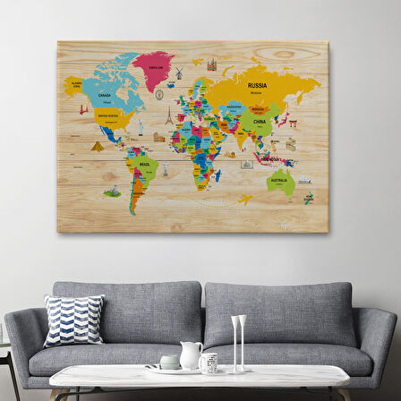 Harita Sepeti Ahşap Görünümlü Dünya Haritası Dekoratif Kanvas Tablo 2097