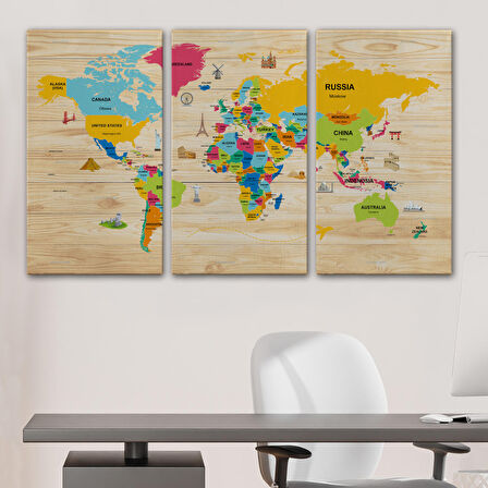 Harita Sepeti Ahşap Görünümlü Dünya Haritası Dekoratif Kanvas Tablo 2097