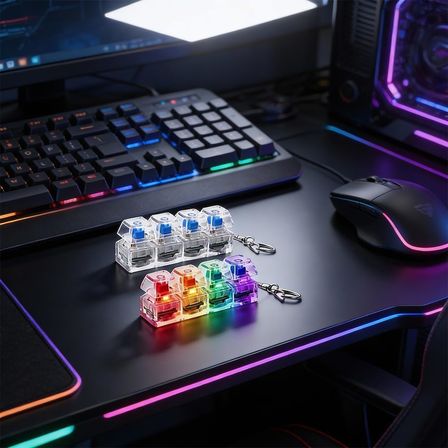 RGB Klavye Fidget Oyuncak Anahtarlık, 4 Düğmeli ve Renkli LED Işıklı, Stres Giderme, Evde Odaklanma ve Eğlence için Taşınabilir ABS Clicker, Ofis, (Şeffaf beyaz)