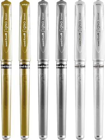 Signo Pen Geniş Metalik Jel Mürekkep Rollerball - Metal 1 mm Uç Ucu 0,65 mm Kauçuk Saplı Çizgi Genişliği - UM-153 - (6'lı Paket) - Beyaz, Gümüş ve Altın