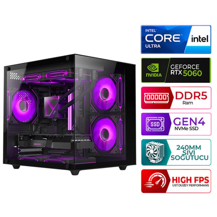 Xaser Kratos X20 Intel Ultra 5 225F 16GB DDR5 Ram 1TB M.2 NVMe SSD 8GB RTX5060 Sıvı Soğutmalı Masaüstü Oyuncu Bilgisayarı