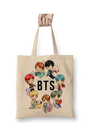 Bts Dna X Bt21 Beyaz Bez Çanta Uzun Saplı Alışveriş Çantası Plaj Çantası