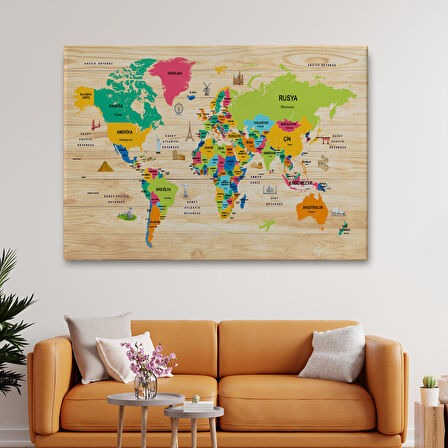 Harita Sepeti Ahşap Görünümlü Türkçe Dünya Haritası Dekoratif Kanvas Tablo 2098