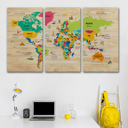 Harita Sepeti Ahşap Görünümlü Türkçe Dünya Haritası Dekoratif Kanvas Tablo 2098