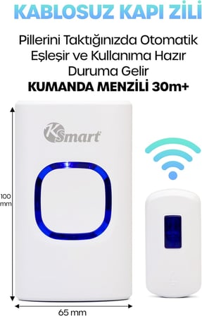 Kablosuz Uzaktan Kumanda Kapı Zili Işıklı Uzun Menzilli Pilli 32 Farklı Melodili Beyaz 9389