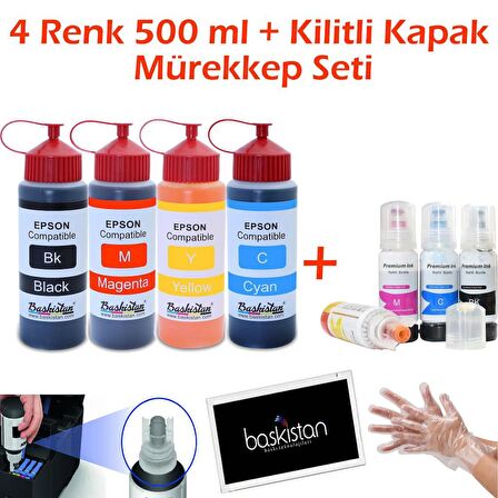 Epson L3156 4x500 ml Mürekkep + Kilitli Kapak Mürekkep Seti (Muadil)