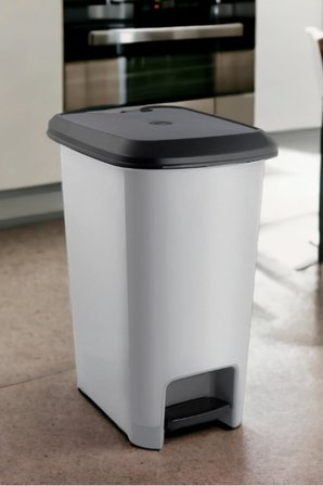 Slim Pedallı Çöp Kovası 60 Litre &amp; Büyük Boy Pedallı Çöp Kovası Gri Metalik Gri