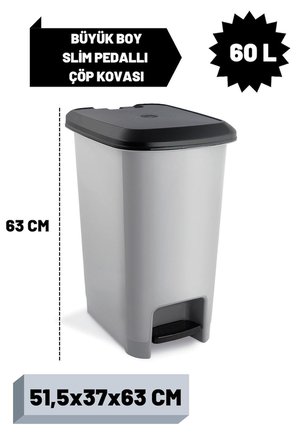 Slim Pedallı Çöp Kovası 60 Litre &amp; Büyük Boy Pedallı Çöp Kovası Gri Metalik Gri