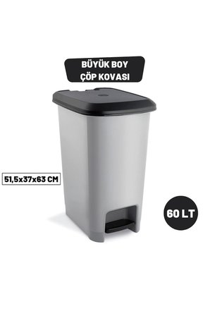 Slim Pedallı Çöp Kovası 60 Litre &amp; Büyük Boy Pedallı Çöp Kovası Gri Metalik Gri