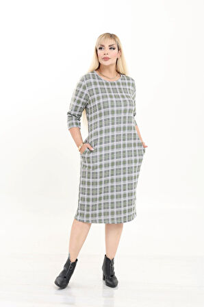 Çift Cepli Desenli Esnek Kışlık Büyük Beden Midi Elbise 20D-2728