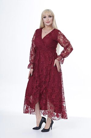 Kruvaze Yaka Uzun Kol Büyük Beden Dantel Elbise 20Y-2449