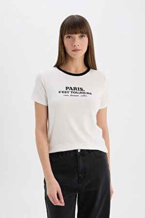 DeFacto Regular Fit Bisiklet Yaka Baskılı Ribana Kısa Kollu Tişört E5065AX25SPER105