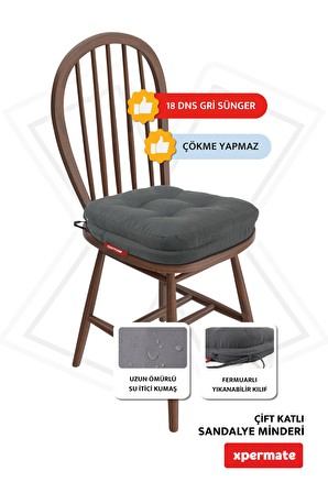 XPERMATE 6'lı Çift Kat Sandalye Minderi Fermuarlı Yıkanabilir Kılıf Bağcıklı Su ve Yağ İtici 42x42x8 Antrasit