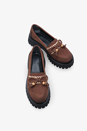 Kadın Loafer Kalın Taban Tokalı Günlük Ayakkabı Aslery Kahve Süet