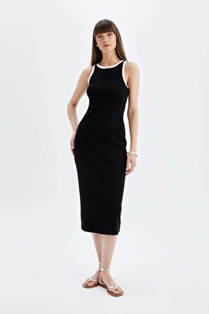 DeFacto Bodycon Vücudu Saran Basic Düz Fitilli Kaşkorse Kolsuz Midi Elbise D5302AX24HSBK81