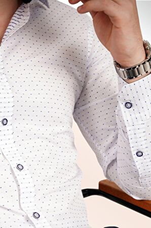 Mavi Nokta Desenli Armürlü Slimfit Gömlek
