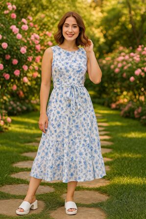 KADIN Çiçek Desenli Kuşak Detaylı Rahat Elbise