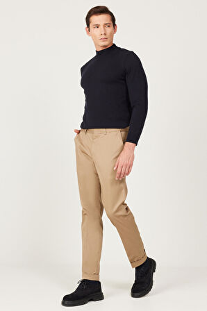 Erkek Camel Slim Fit Dar Kesim Gabardin Kumaş Desenli Pamuklu Esnek Beli Lastikli Pantolon