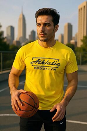 Erkek Sarı Slim Fit Kabartma Baskılı Pamuklu T-Shirt