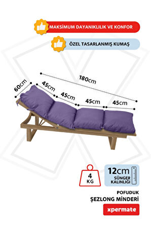 XPERMATE Pofuduk Şezlong Minderi 60x180x12Cm Su İtici,Katlanır,UV Güneş Dayanımı, Fermuar, Mor