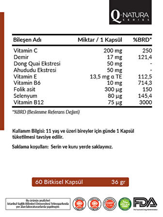 Q Natura Series Demir Bisglisinat 60 Bitkisel Kapsül