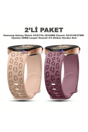 Samsung Galaxy Watch 4/5/6/7/FE 40/44mm Classic 42/43/46/47mm Uyumlu 20mm Leopar Silikon 2li Kordon