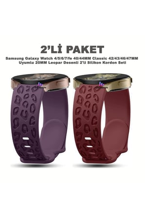 Samsung Galaxy Watch 4/5/6/7/FE 40/44mm Classic 42/43/46/47mm Uyumlu 20mm Leopar Silikon 2li Kordon
