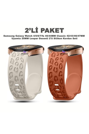 Samsung Galaxy Watch 4/5/6/7/FE 40/44mm Classic 42/43/46/47mm Uyumlu 20mm Leopar Silikon 2li Kordon