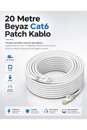 20 Metre Beyaz Cat6 Patch Kablo Yüksek Hızlı Bakır İnternet Ağ Kablosu Gigabit Ethernet Smart TV Bilgisayar Modem Router Uyumlu RJ45 Konnektörlü Dayanıklı Esnek Bağlantı Kablosu Kablosu