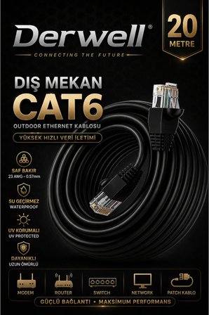 20 METRE CAT6 Dış Mekan Outdoor Ethernet Kablosu 23 AWG 0.57mm Kalın Saf Bakır İnternet Ağ Kablosu Yüksek Hızlı Veri İletimi Su Geçirmez UV Korumalı Dayanıklı Siyah Modem Router Switch Patch Kablo