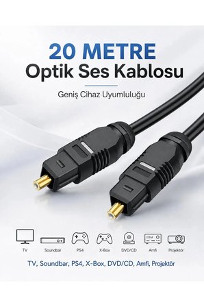 20 METRE Optik Ses Kablosu Toslink Dijital Fiber Ev Sinema Soundbar Uyumlu Siyah Altın Kaplama Uçlu Kristal Netliğinde Parazitsiz Sinyal İletimi Çevresel Surround Akustik Ses Sistemi Bağlantı Kablosu