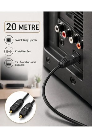 20 METRE Optik Ses Kablosu Toslink Dijital Fiber Ev Sinema Soundbar Uyumlu Siyah Altın Kaplama Uçlu Kristal Netliğinde Parazitsiz Sinyal İletimi Çevresel Surround Akustik Ses Sistemi Bağlantı Kablosu