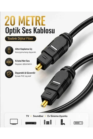 20 METRE Optik Ses Kablosu Toslink Dijital Fiber Ev Sinema Soundbar Uyumlu Siyah Altın Kaplama Uçlu Kristal Netliğinde Parazitsiz Sinyal İletimi Çevresel Surround Akustik Ses Sistemi Bağlantı Kablosu