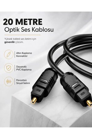 20 METRE Optik Ses Kablosu Toslink Dijital Fiber Ev Sinema Soundbar Uyumlu Siyah Altın Kaplama Uçlu Kristal Netliğinde Parazitsiz Sinyal İletimi Çevresel Surround Akustik Ses Sistemi Bağlantı Kablosu