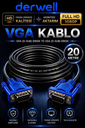 20 Metre VGA Kablo Full HD 1080P Kesintisiz Aktarım D-Sub Erkek To Erkek Altın Uçlu Dayanıklı Monitör Projeksiyon Bilgisayar Ekran Görüntü Aktarıcı Kablosu Çift Vidalı Güvenli Sabitleme