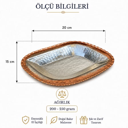 Copper Empire El İşçiliği Bakır Üçgen Sunum Tabağı 20x15 cm Dekoratif Çerez Kahvaltı ve Servis Tabağı