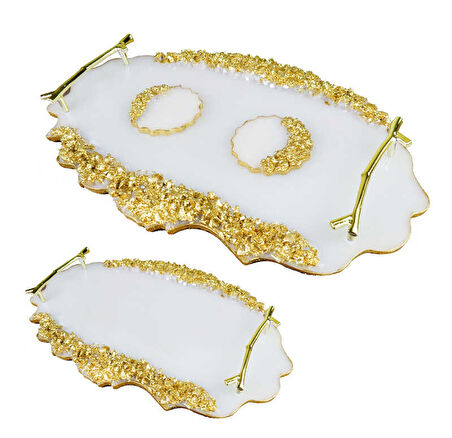 TEPSİ EPOKSİ TAŞLI OVAL DAMAT KAHVE SETİ ALTIN 2'Lİ