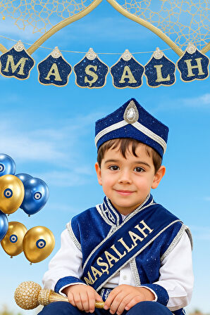 Sünnet Kutlaması Maşallah Yazılı Mavi Gold Dekor Banner Asmalı Maşallah sünnet süsü