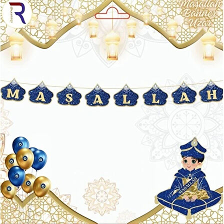 Sünnet Kutlaması Maşallah Yazılı Mavi Gold Dekor Banner Asmalı Maşallah sünnet süsü