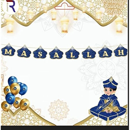 Sünnet Kutlaması Maşallah Yazılı Mavi Gold Dekor Banner Asmalı Maşallah sünnet süsü