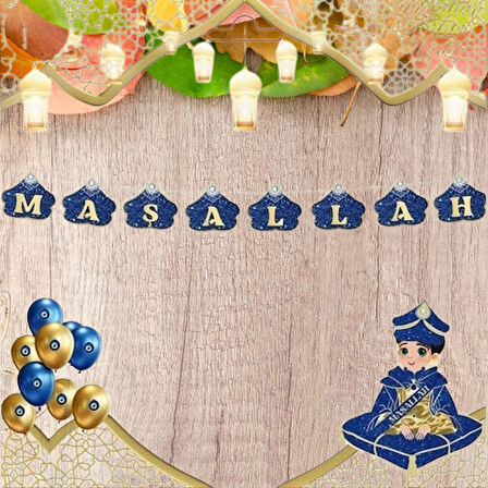 Sünnet Kutlaması Maşallah Yazılı Mavi Gold Dekor Banner Asmalı Maşallah sünnet süsü