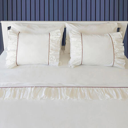 Ritmohome Kırık Beyaz Fırfırlı Kahve Biyeli Pamuklu Vintage Otel Serisi Çift Kişilik Nevresim Takımı