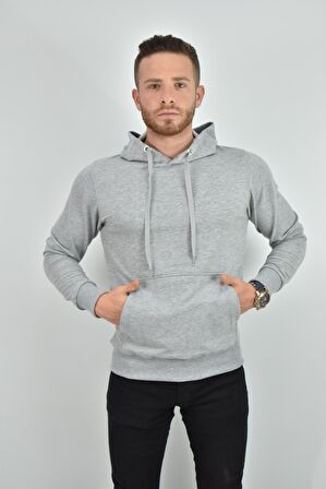 ZİDAN 4657  KAPŞONLU SWEATSHIRT- KANGURU CEPLİ BASİC - GRİ