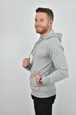 ZİDAN 4657  KAPŞONLU SWEATSHIRT- KANGURU CEPLİ BASİC - GRİ