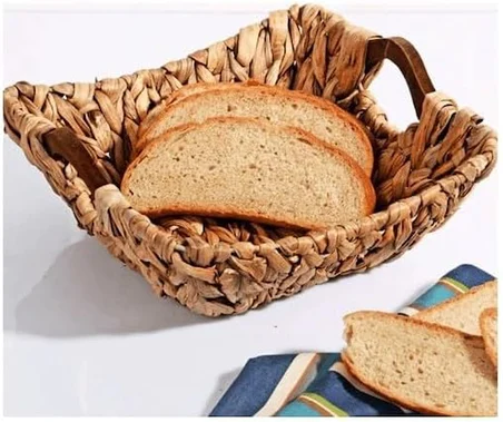 Wicker Serisi Bezli Kare Ahşap Kulplu Hasır Ekmek Sepeti